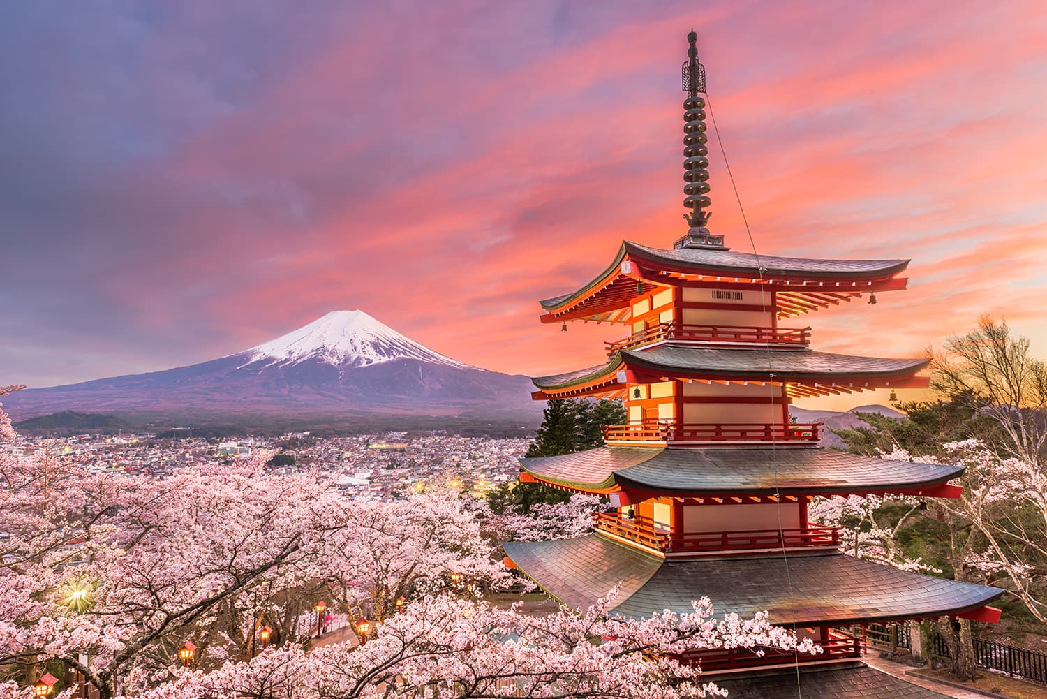 A pagoda and cherry blossoms above a city, with Mount Fuji in the distance