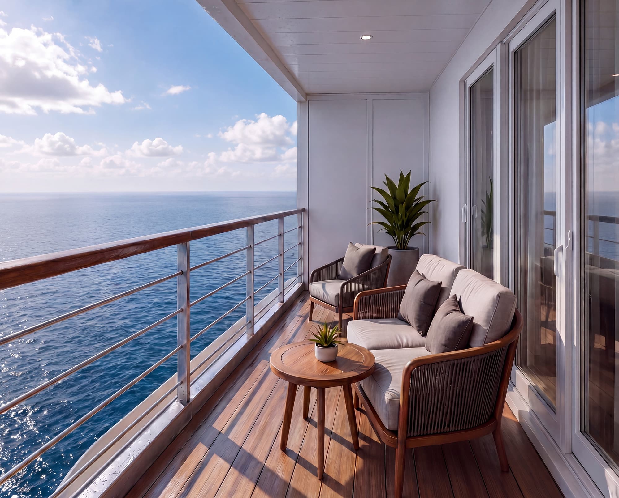 A private balcony with lounge seating looking out over open ocean
